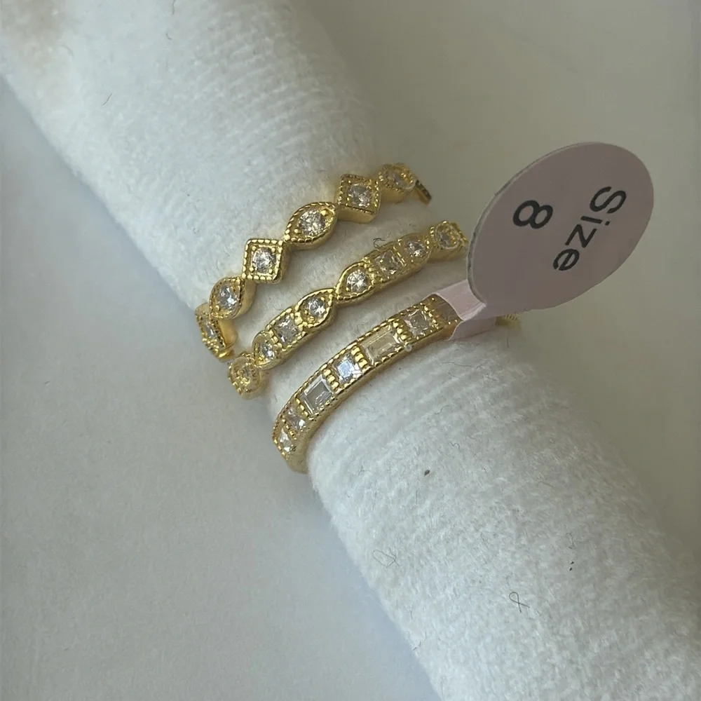 Set of 3 Stacking Rings Gold Plated 925 Sterling Silver Rings CZ Sones Sz. 8